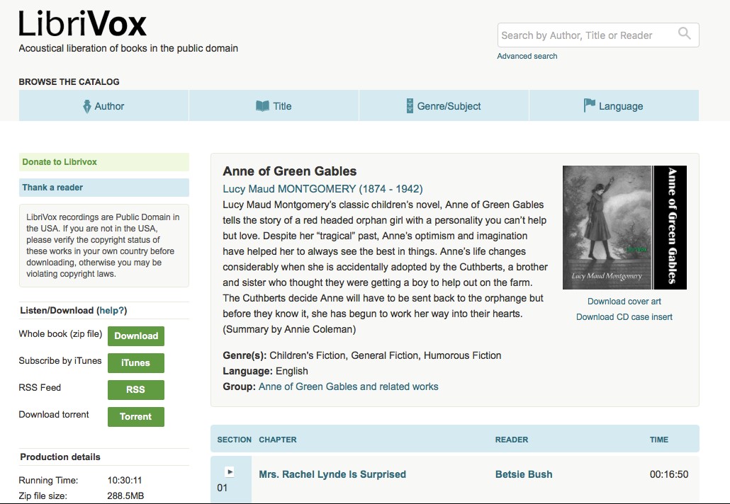 A LibriVox entry for _Anne of Green Gables_ including a synopsis, genre, and language of the text.