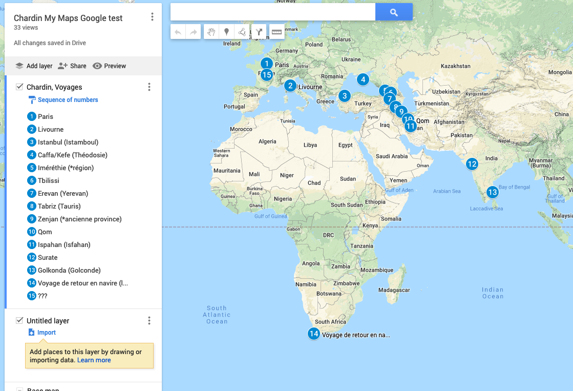 A close up of a Google map of Chardin data generated from Fusion Table.