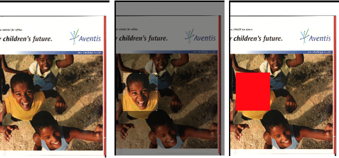 This image shows three stages of the process of the cropping interface. A face is selected and cropped, leaving a red box covering the face in the final stage.