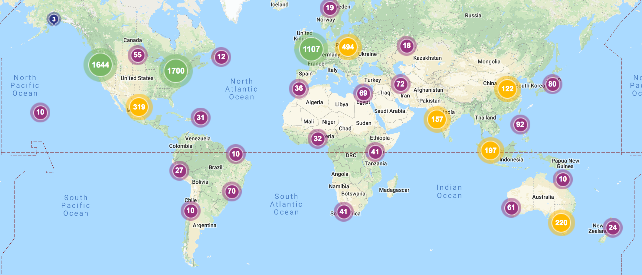 A map of the Earth depicting the number of downloads per region of essays by PSU Book Publishing.