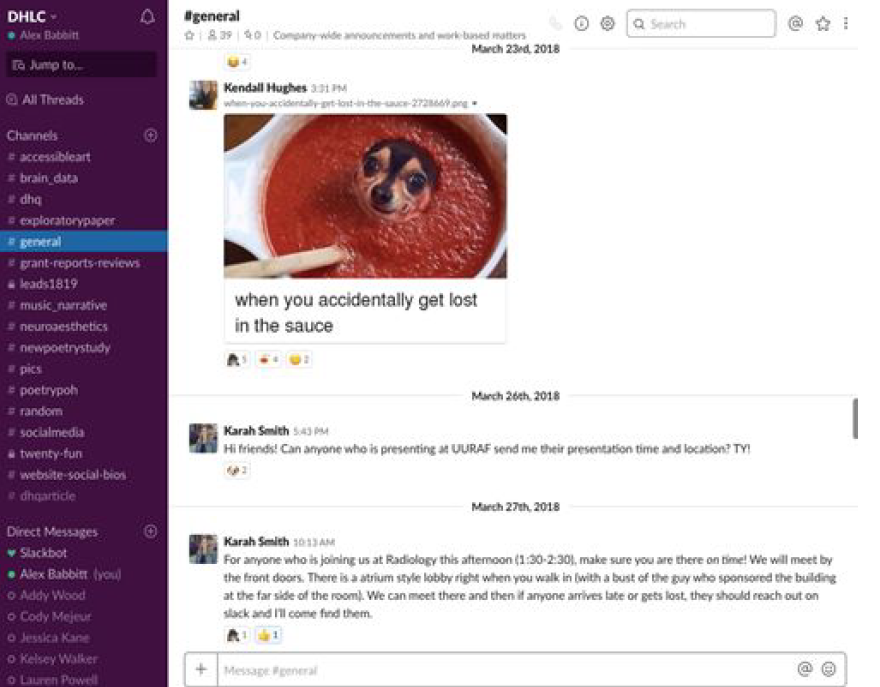 A screenshot of a conversation on Slack including a meme and discussion of meetings.