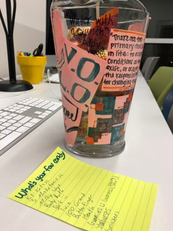 A jar filled with candy and a list titled “What is your favorite candy” sit on a desk.