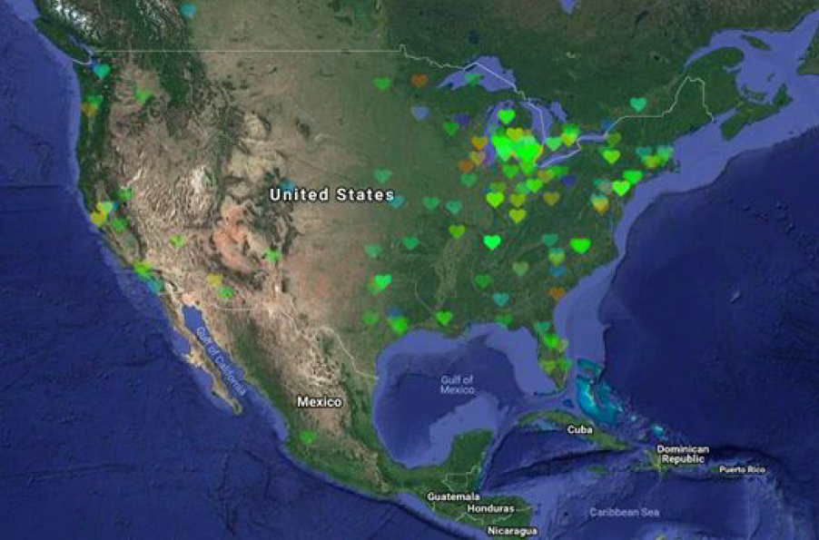 A screenshot of a map of the United States. Heart shape symbols represent responses by listeners.