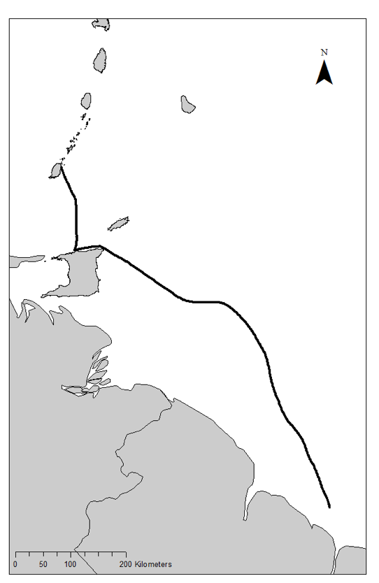 A map of an isochrone route between Guyana and east coast of Grenada depicted with a black line.