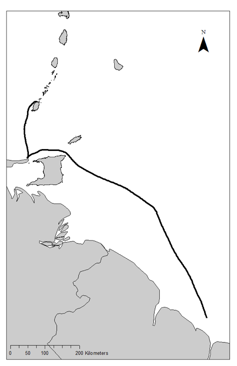 A map of an isochrone route between Guyana and the west coast of Grenada depicted with a black line.