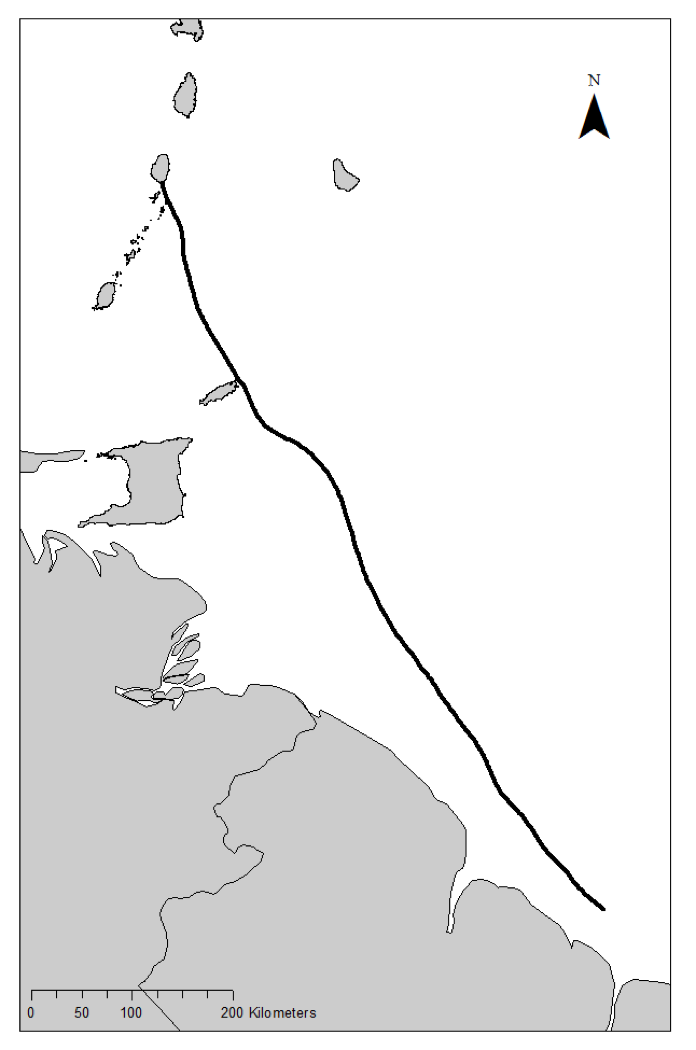 A map of an isochrone route between St. Vincent and Guyana depicted with a black line.