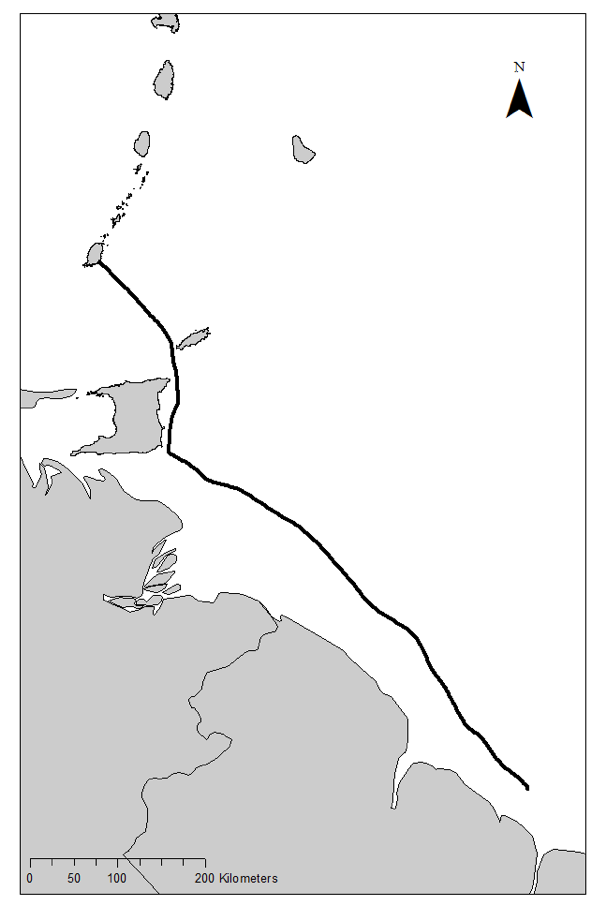 A map of an isochrone route between Guyana and the south coast of Grenada depicted with a black line.