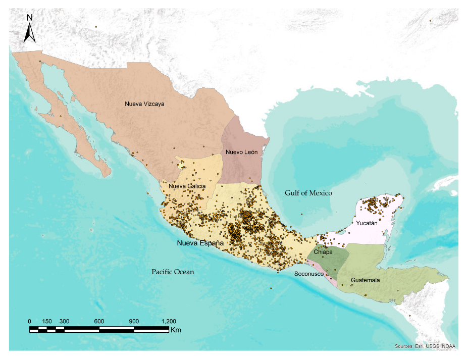 Map of Mexico and Central America with divisions depicted using different colors.