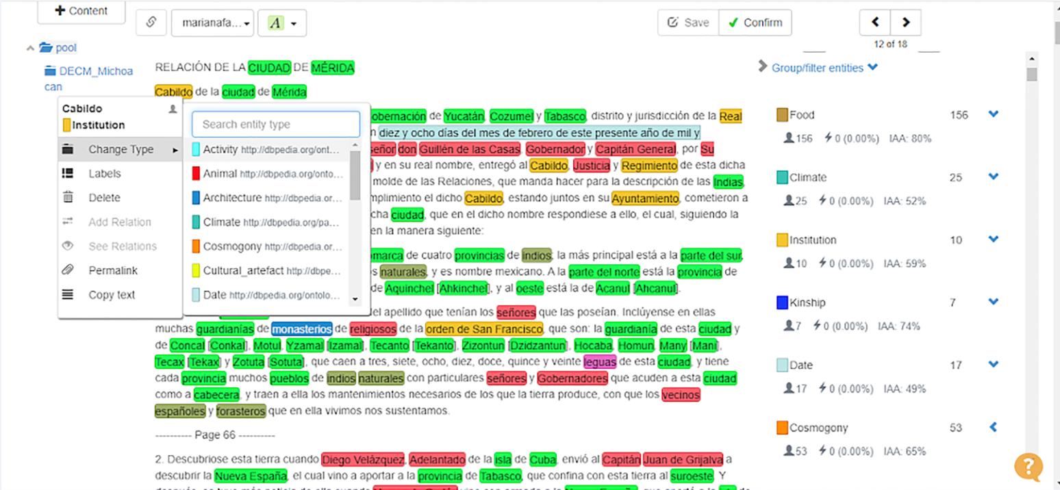 The Tagtog software tool with words highlighted in various colors.