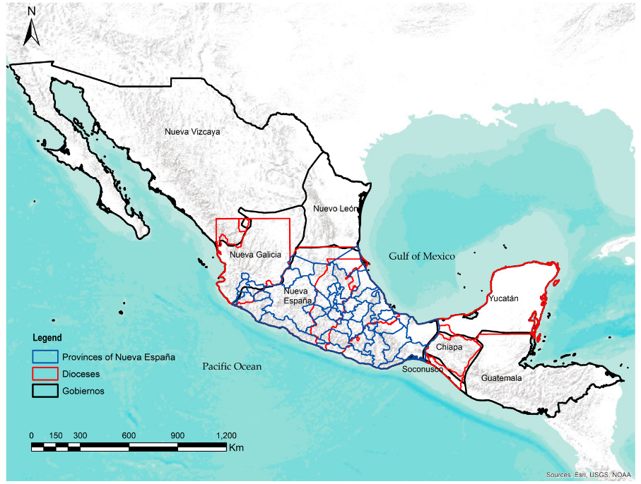 Map of Mexico and Central America with divisions depicted with blue and red lines.