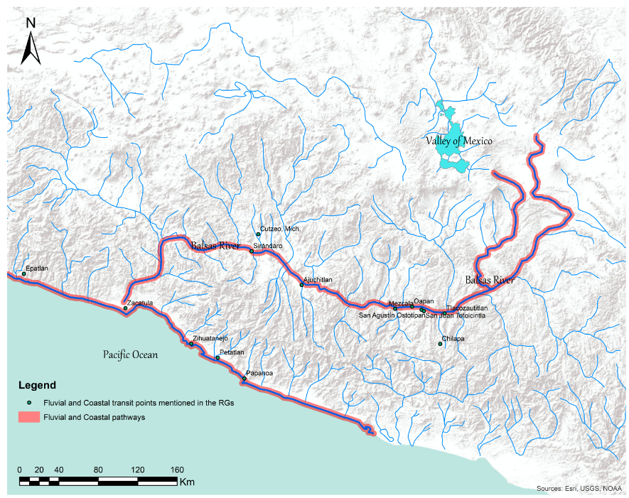 Map of Mexico highlighting towns that were along the Pacific coast and Balsas river.