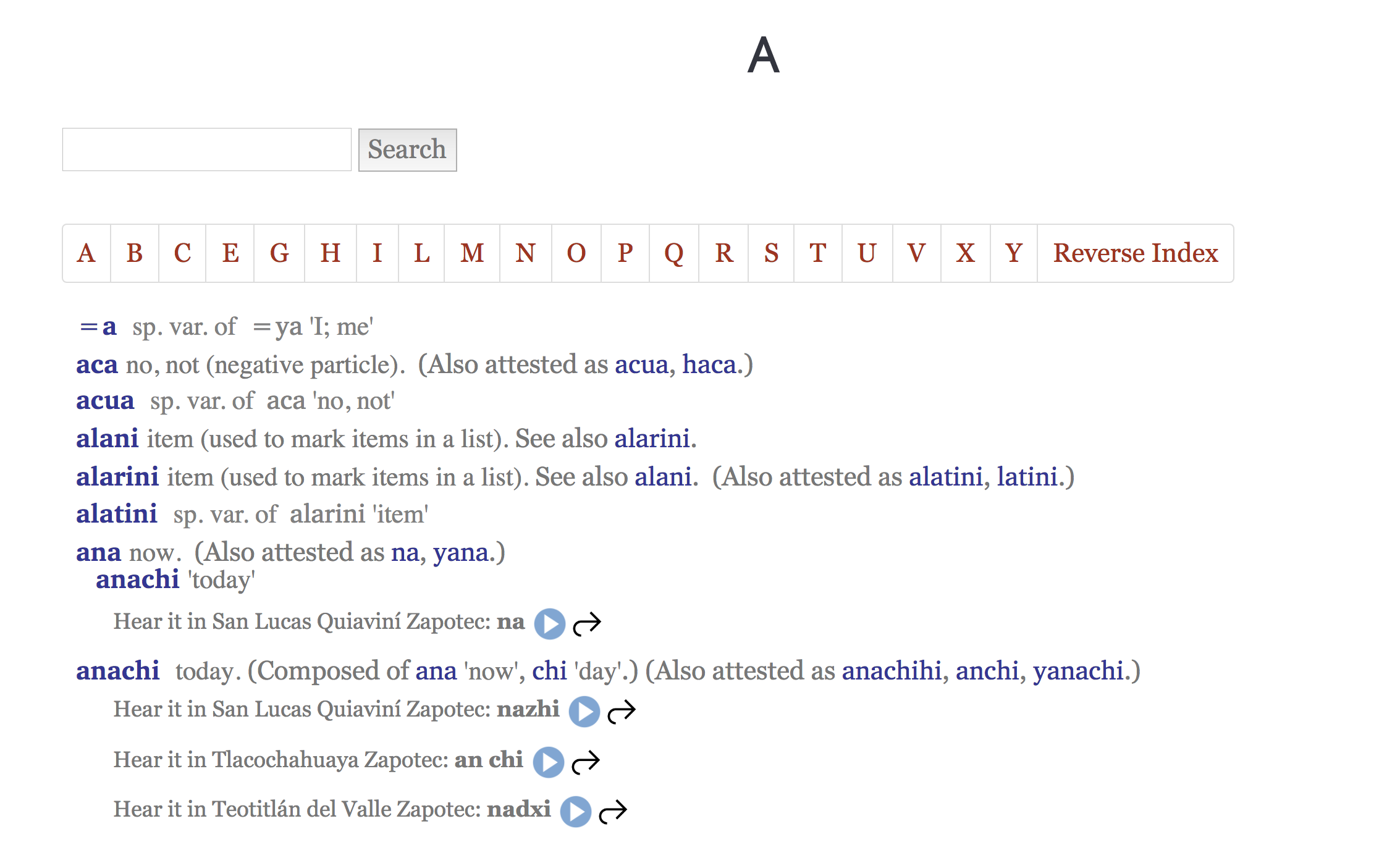 An alphabetical list of voacbulary beginning with the letter “A” .