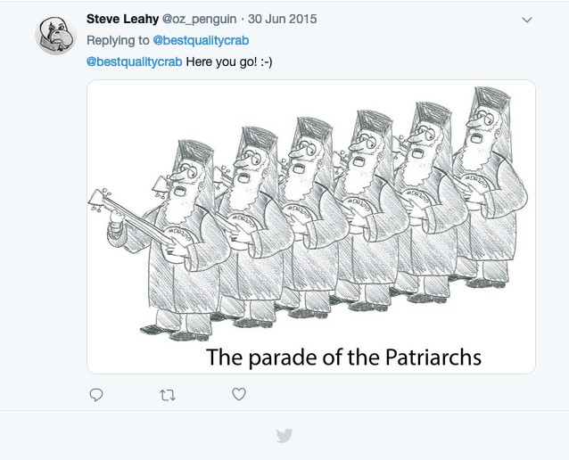 A pencil drawing of six identical men wearing religious garb and holding stringed instruments walking in a line with the text "The Parade of Patriarchs" below them in the drawing. The drawing is within the context of a twitter post where the accompanying tweet reads; "@bestqualitycrab Here you go! :-)"