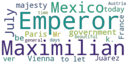 Two word clouds with blue, green, and purple text. The largest words in the Austria cloud are the works emperor, maximilian, and mexico while the largest words in the mexico cloud are maximiliano and mexico