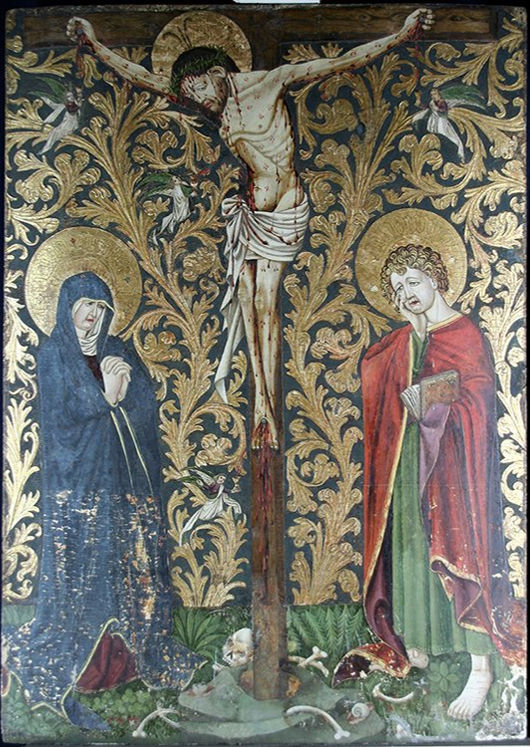 Color photograph of the Lindau Master's _Crucifixion_ in its unrestored state, with blue background