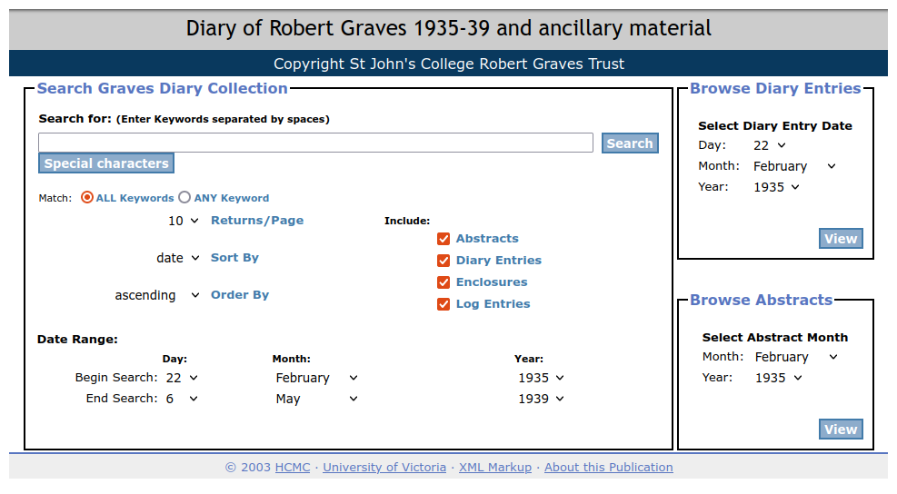 The original home page of _The Robert Graves Diary_ .