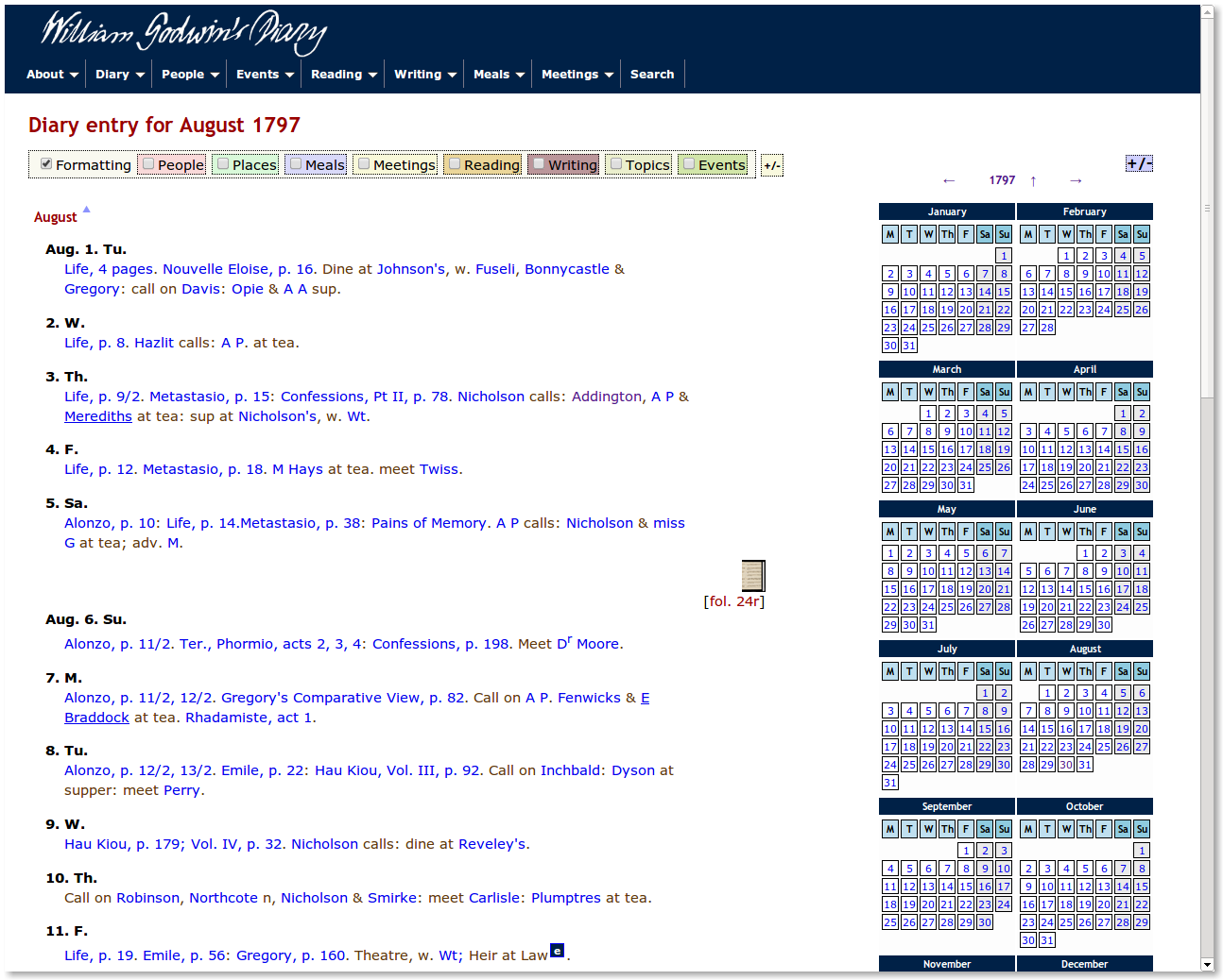 Screenshot of the _William Godwin’s Diary_ project website. The page includes diary entries for the month of August