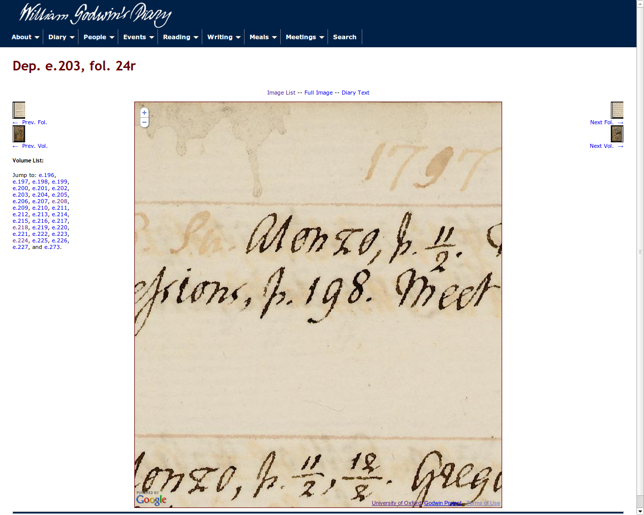 Screenshot of _William Godwin’s Diary_ website with a manuscript page in the middle zoomed in to show only a few letters.