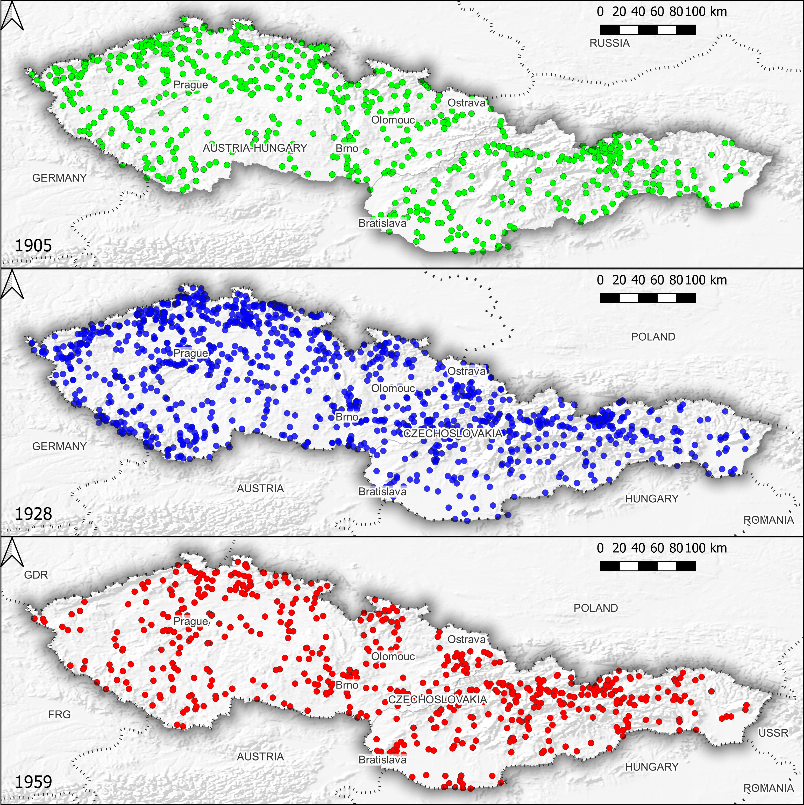 A set of three maps of Czechoslovakia labeled 1905, 1928, and 1959 where toponyms are shown as dots