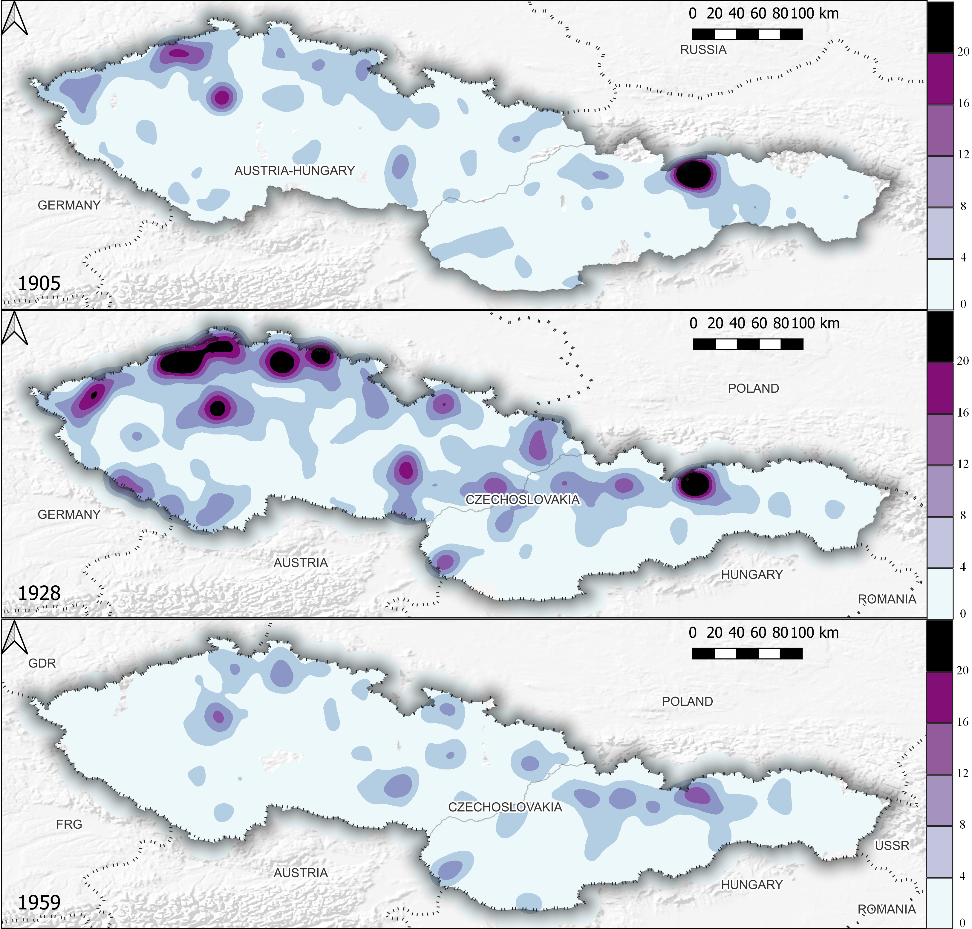 A set of three maps of Czechoslovakia labeled 1905, 1928, and 1959 where toponym density is indicated by color