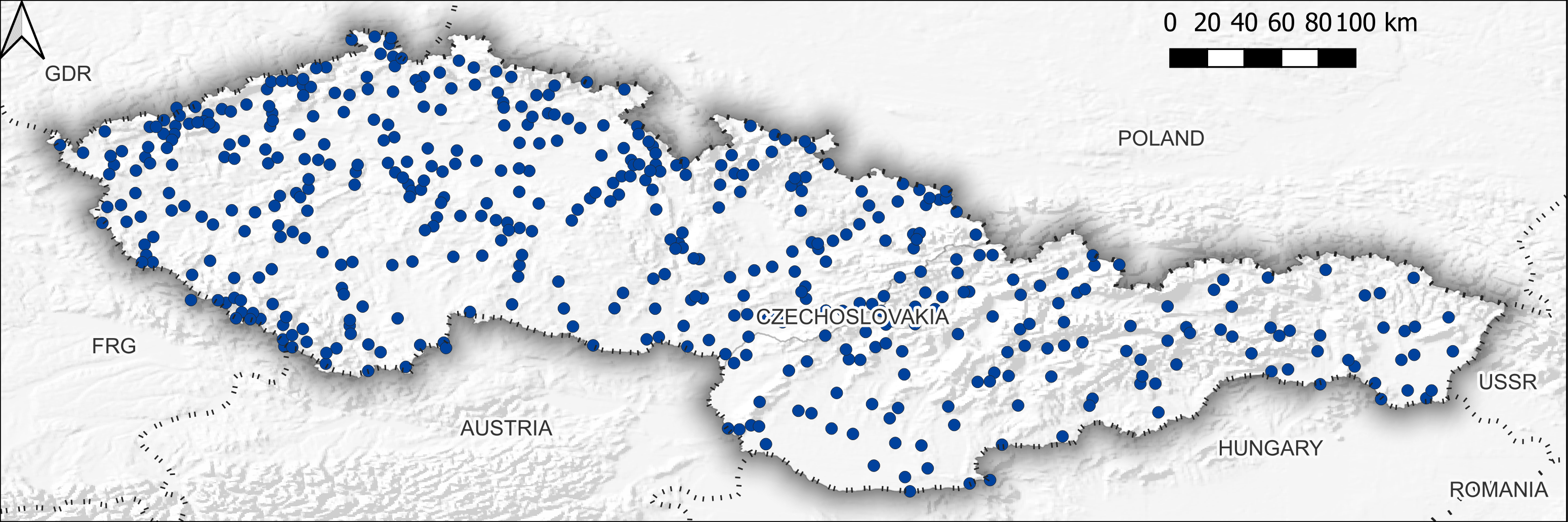 Map of Czechoslovakia with blue dots