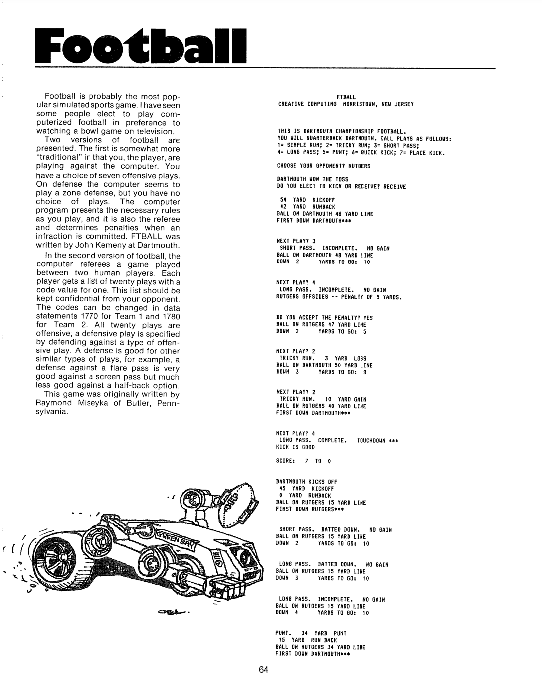 A monochrome scanned page of a book offering a brief summary of how to play the 1978 version of FTBALL in the left column of text and a sample play-through in the right column. Below both columns is a line drawing cartoon of a wheeled-robot holding a football with the words Green Bay printed on its side.