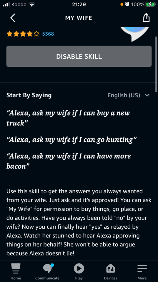 Screenshot of mobile app skill page listing Start By Saying examples such as “Alexa, ask my wife if I can buy a new truck.”