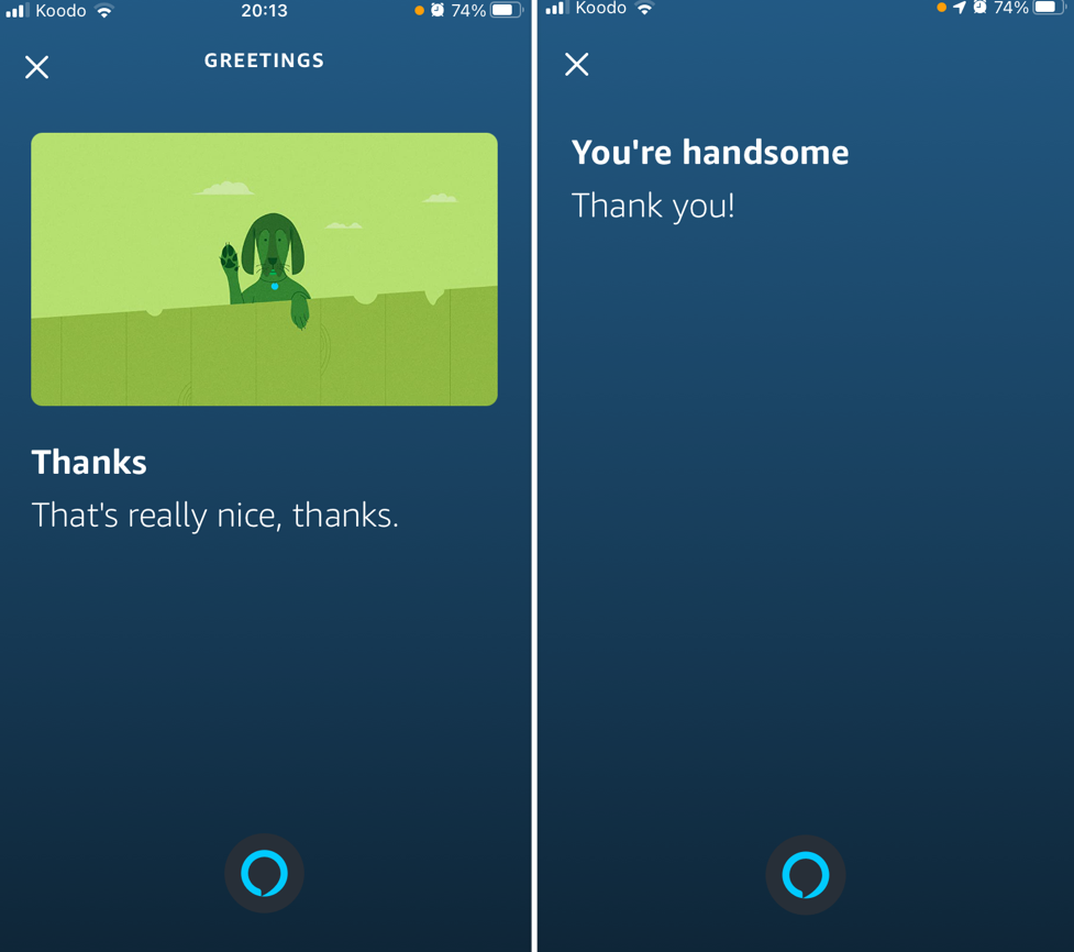 Two screenshots of Alexa mobile application, with and without cartoon dog.