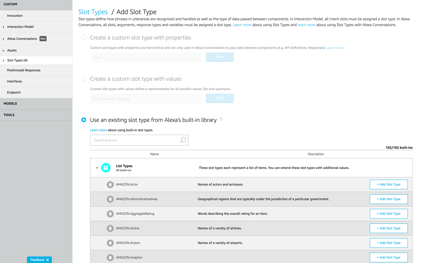 A webform screenshot to “define how phrases in utterances are recognized” by adding slot types such as AMAZON.Actor, AMAZON.Airline, et cetera.