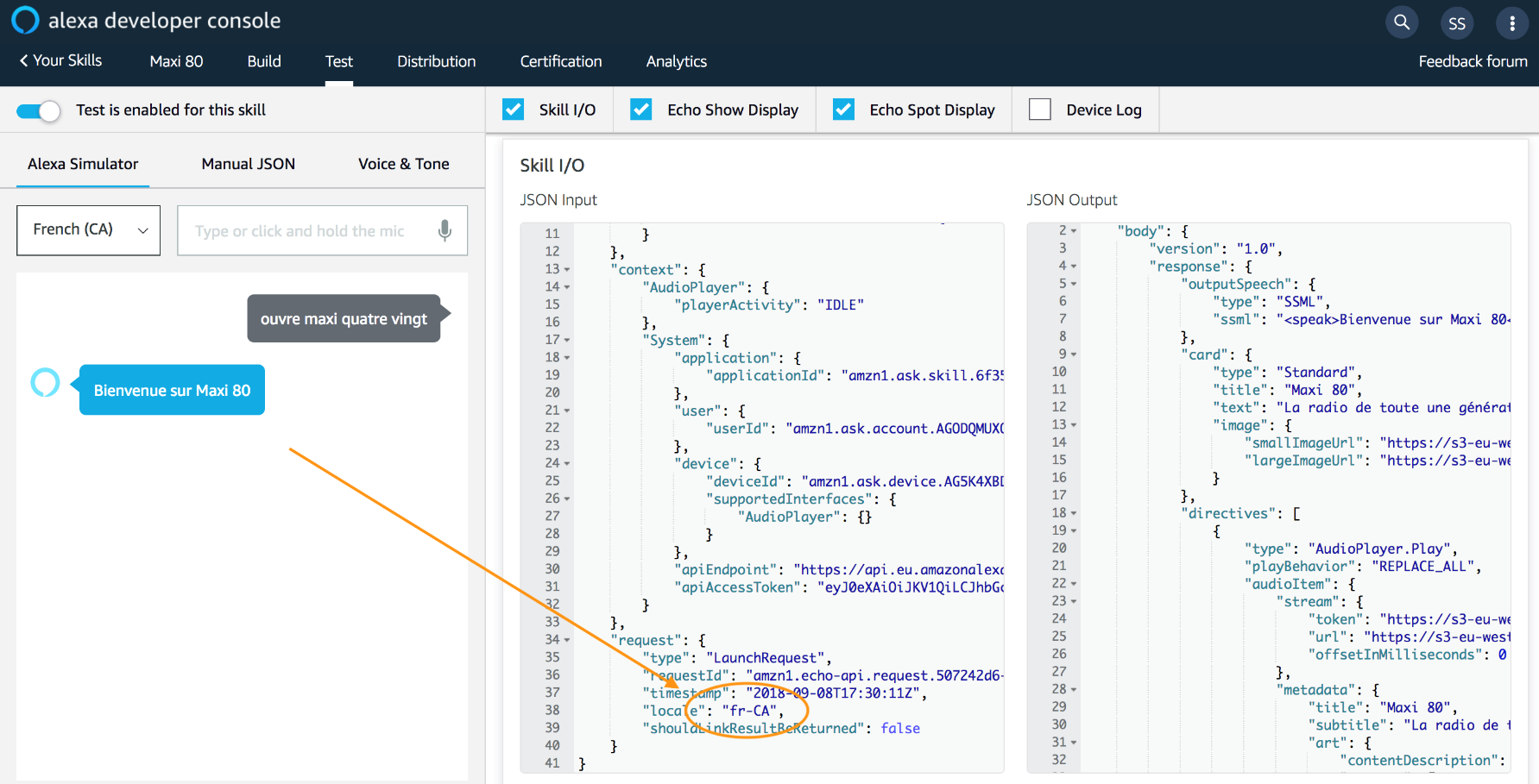 Screenshot of alexa developer console for Skill I/O with arrow marking locale fr-CA in JSON input.