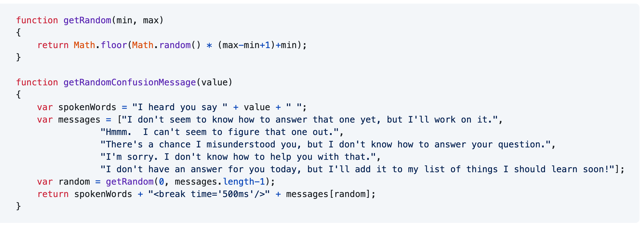 Screenshot of 15 lines of source code, syntax highlighted, defining function getRandomConfusionMessage.