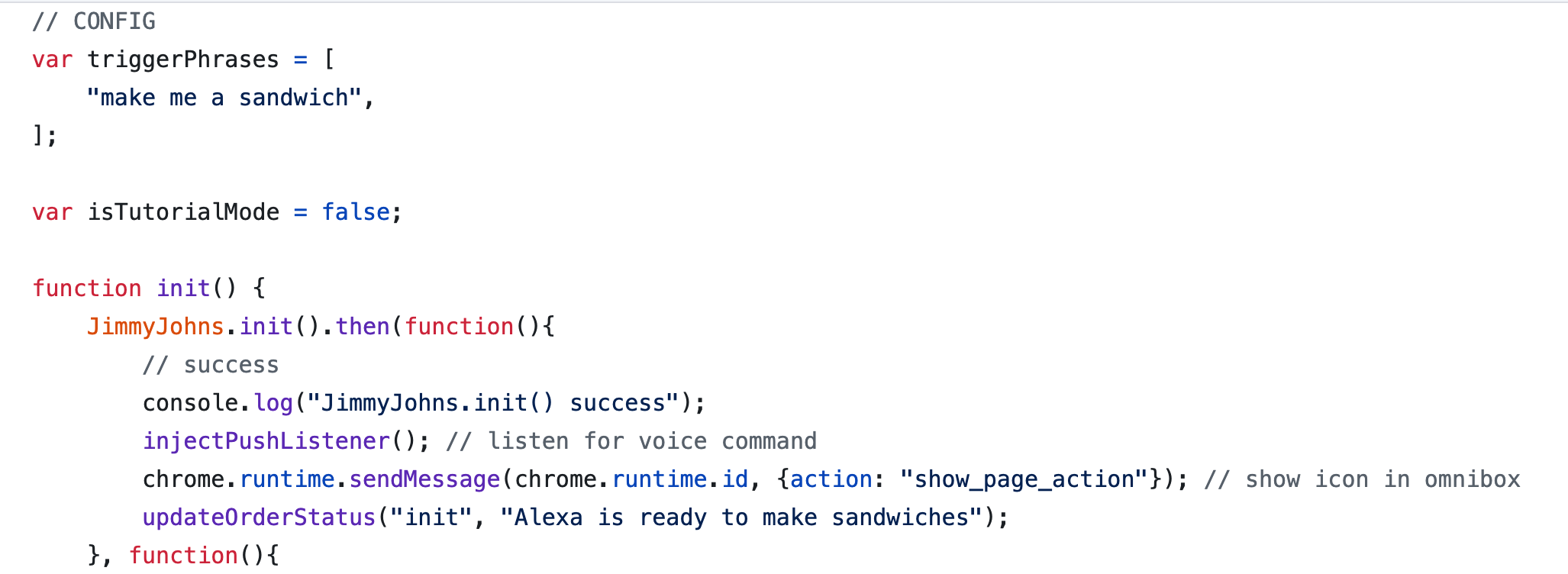 Screenshot of 13 lines of syntax highlighted code defining triggerPhrases make me a sandwich and running JimmyJohns.init.