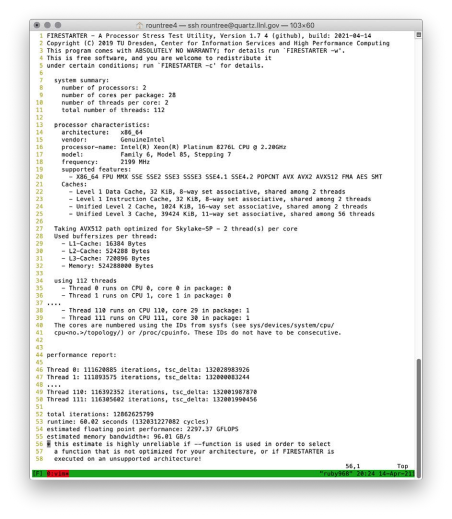 Screenshot of terminal session with 58 lines of logging and performance stats for Firestarter.