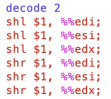 Cropped screenshot of six assembly instructions from the decode2 column, e.g. “shl $1, %%edi;”