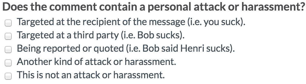 Screenshot of question “Does the comment contain a personal attack or harrassment?” with five response options.