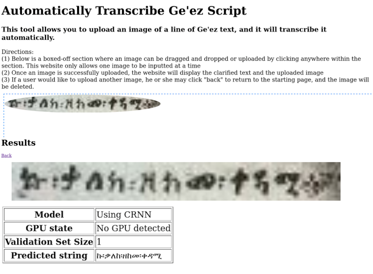 Screenshot of the digitized text that is very blurry. Beneath the image is a chart which includes the model (using crnn), gpu state (no gpu detected), validation set size (1), and predicted string