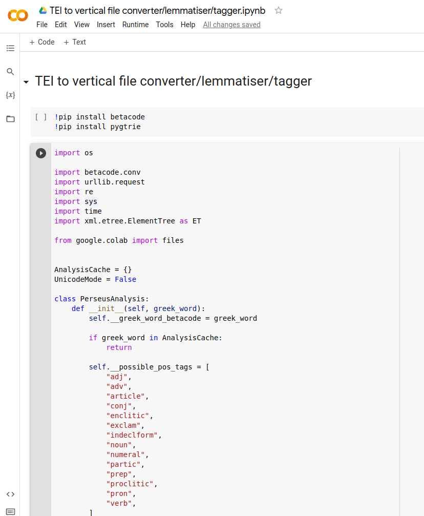 Screenshot of a tool in Google Colab that defines a class called PerseusAnalysis.