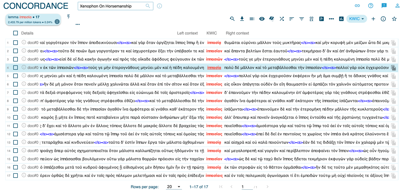 Screenshot of the concordances in _On Horsemanship_ . The concordances are displayed with a left context, a KWIC, and and right context. The text is in Greek and incudes numerical ordering