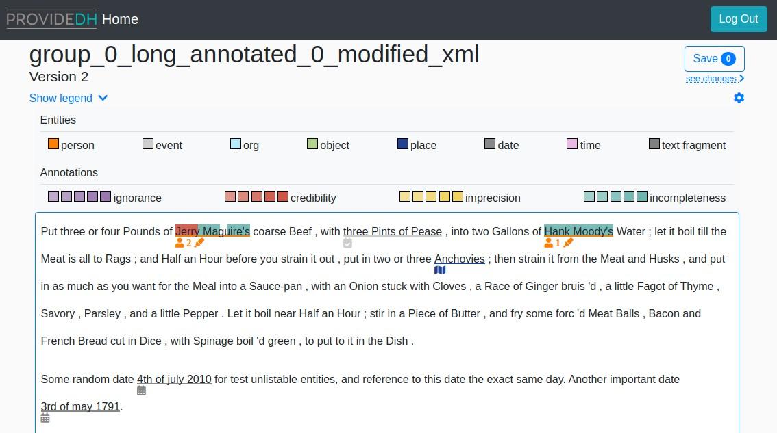 User interface showing annotated text excerpt with options for Entities and Annotations.