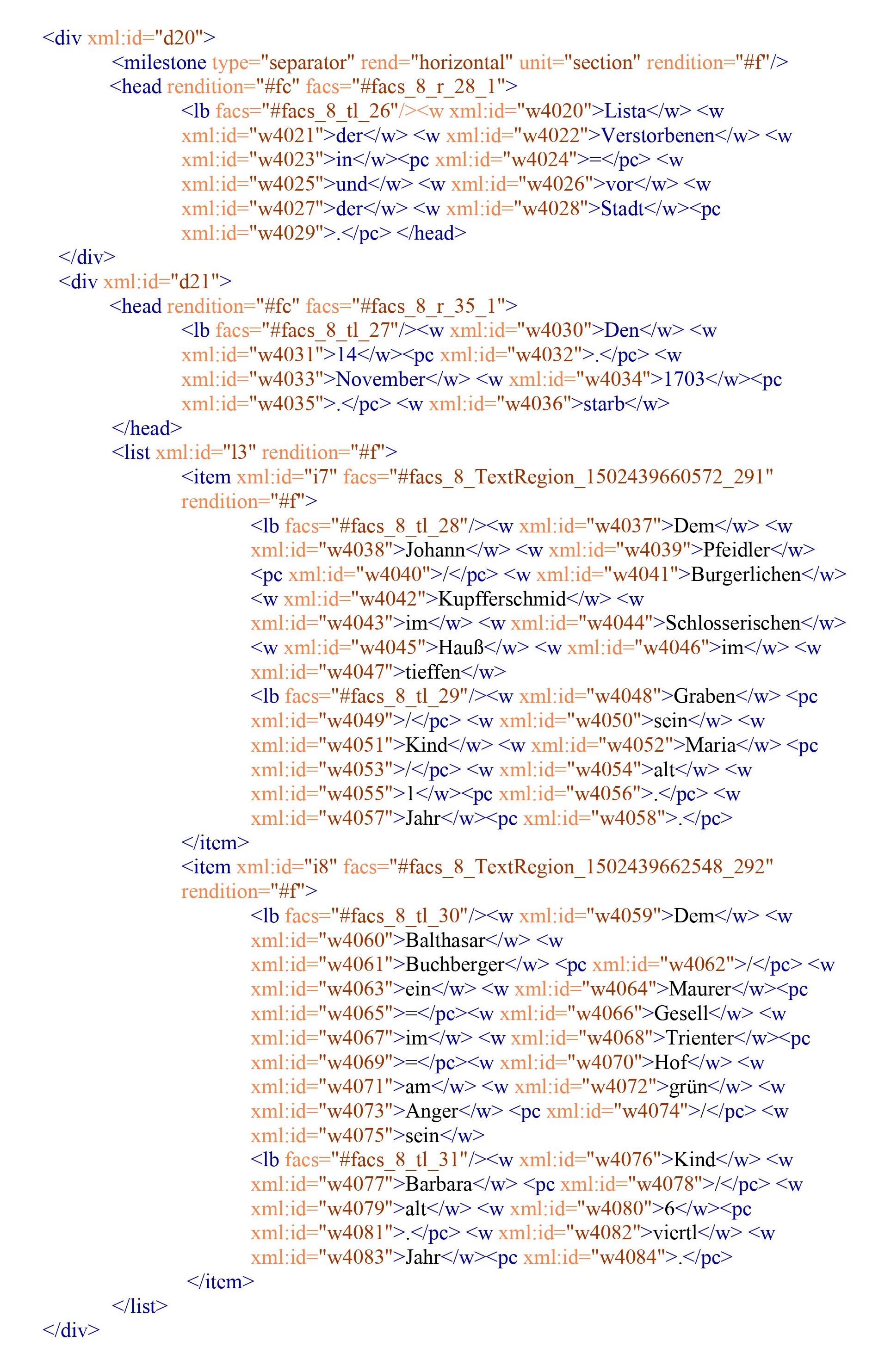 An extract from the XML/TEI file of the death list shown in Figure 1, which includes, among other things, a head-element and a list-element containing two item-elements