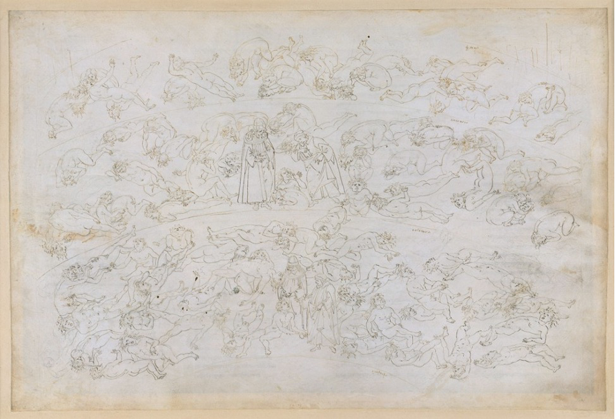 Botticelli's _Inferno 33_ drawing, depicting Dante and Virgil wandering through a field strewn with traitors against kin and country, most notably the Count Ugolino from Pisa.