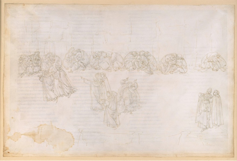Botticelli's _Purgatorio 13_ drawing, representing Dante and Virgil within the Terrace of Envy, where groups of penitents huddle together symmetrically around them.