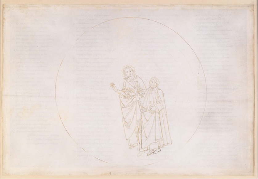 Botticelli's _Paradiso 9_ , Dante and Beatrice inscribed within a circle on an otherwise blank expanse of vellum.