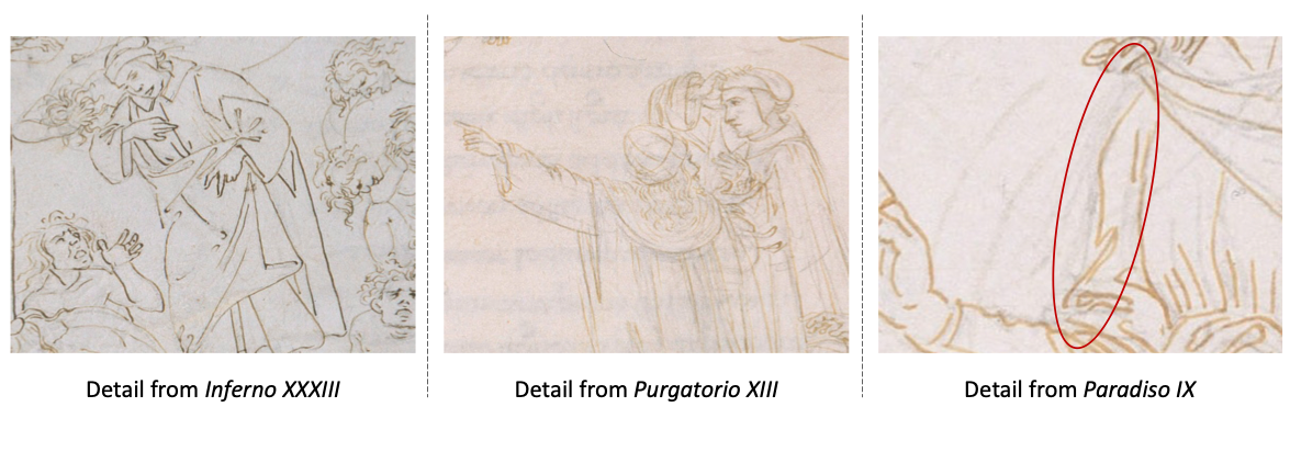 Close-up details of Botticelli's handling of strokes, where the marks in _Inferno_ are far heavier and intentional than the marks in _Purgatorio_ or _Paradiso_ .