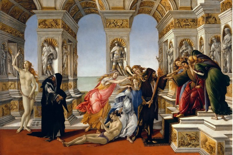 Botticeli's _Calumny of Apelles_ , depicting a falsely accused man dragged before a king, surrounded by allegorical figures of deceit, fraud, remorse, and a naked truth pointing skyward.