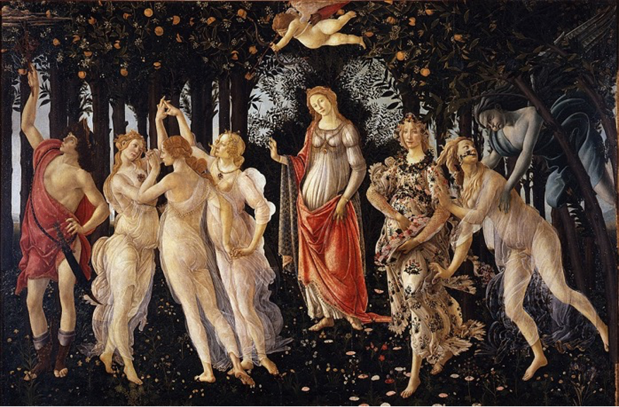 Botticelli's _Primavera_ , featuring a group of mythological figures in a lush garden, with Venus at the center, the Three Graces dancing, and Mercury dissipating clouds on the left.