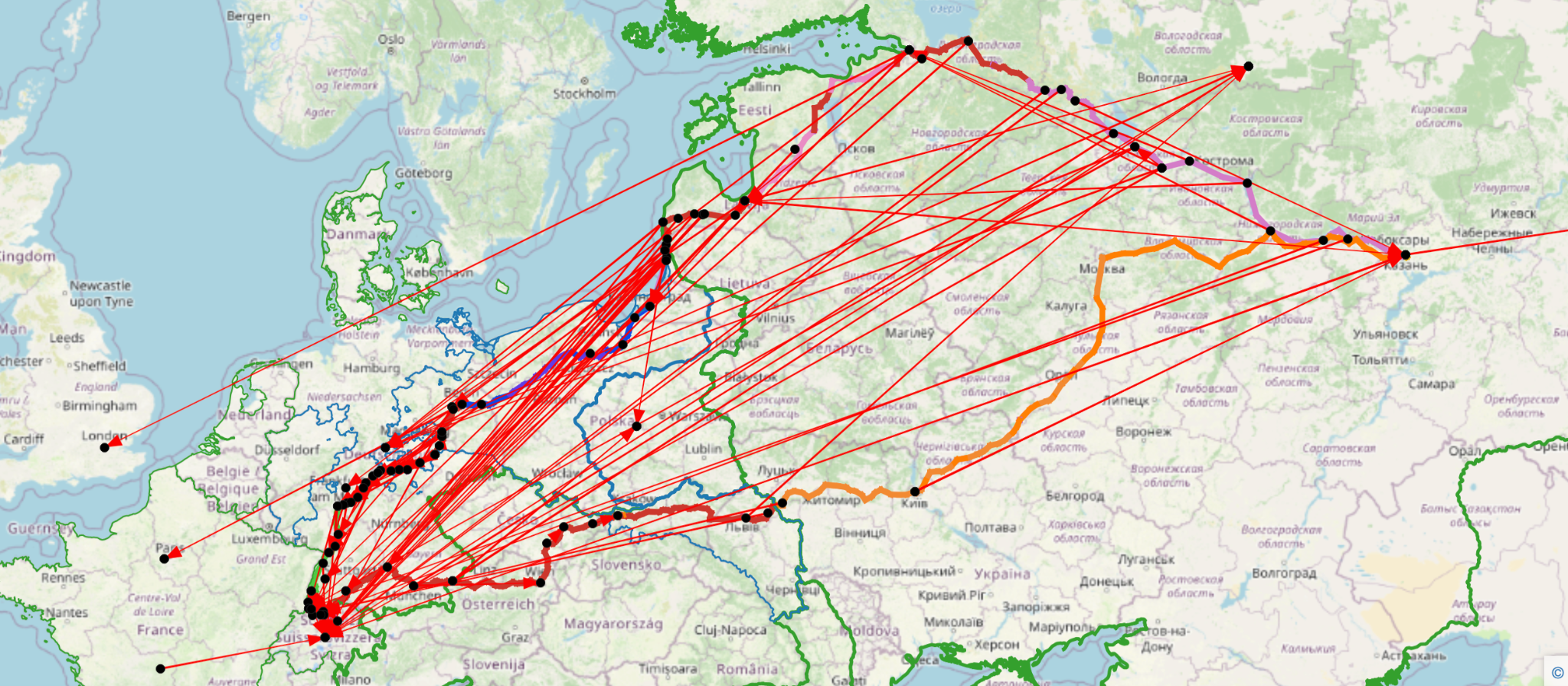 Map visualizing Bronner's comparisons between locations with respect to ethnic groups and cultural norms. Locations being compared are linked with lines.