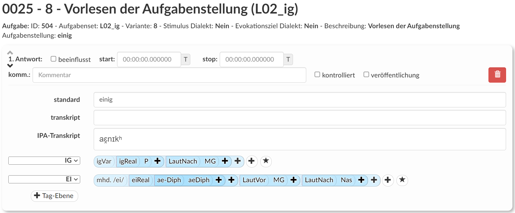 A screenshot showing the interface for the transcription and annotation of closed settings.