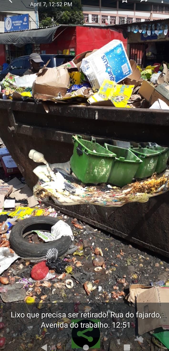 Image of a full waste container surrounded by garbage. The trash snail AR image floats in front of it.