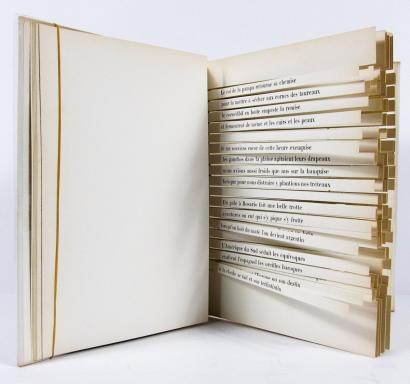 An open book with its pages cut along each line of text
